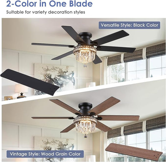 Asyko Crystal Ceiling Fan Fandelier with Lights - 52" Outdoor Fans with Remote Control,Crystal Ceiling Fans Noiseless DC Motor, Retro/Farmhouse Lighting, Dining Room,Living Room