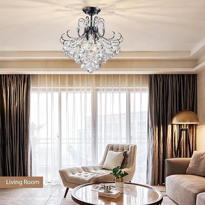 18'' Crystal Chandelier Light Fixture, Modern Semi Flush Ceiling Light for Dining Living Room Bedroom Kitchen Entryway Hallway, 4 Lights Black Ceiling Lamp