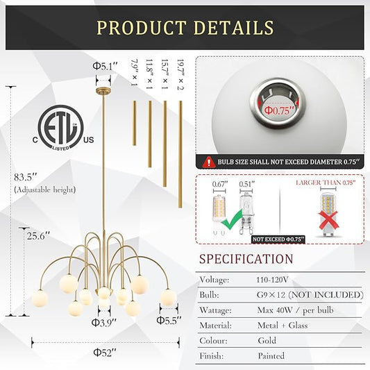 CATINER Large Sputnik Chandeliers 12 Lights Modern Gold Chandelier for High Ceiling L52” Mid Century Ceiling Pendant Light Fixtures with Milk Glass Globe Shades for Living Dining Room Foyer Staircase