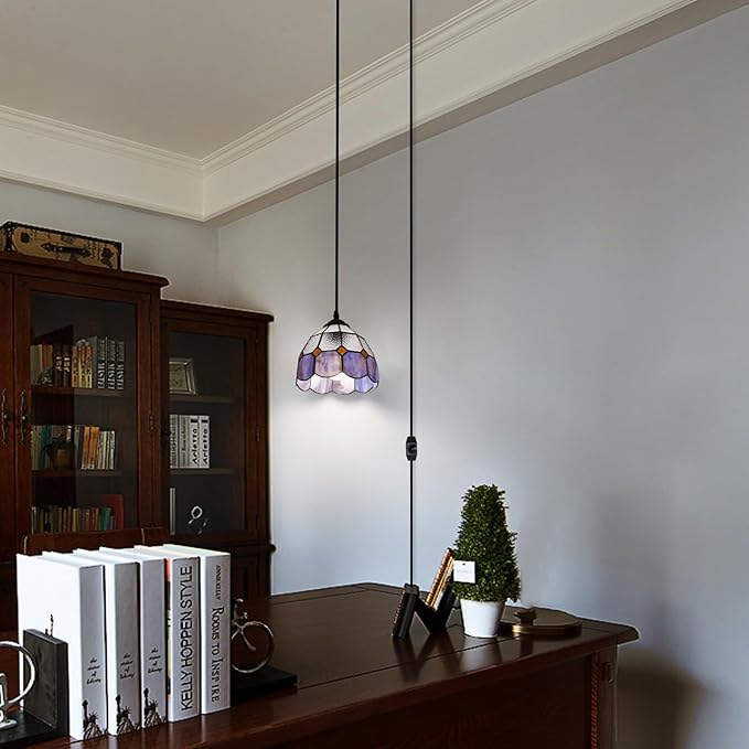 HuisMier Tiffany Style Plug in Pendant Light, 15 Feet Cord Stained Glass Hanging Lamp with Dimmable On Off Switch, Vintage Swag Ceiling Lamp for Dining Room Living Room Bedroom, 7.9" Width