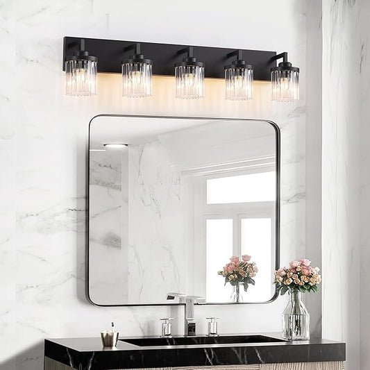 Modern Crystal Bathroom Light Fixtures, 5 Light Black Farmhouse Vanity Lights, with Crystal Glass Shade, Industrial Bathroom Lighting Fixtures Over Mirror Wall Light for Bedroom Living Room