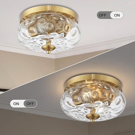 Darkaway Ceiling Light Fixtures Flush Mount Indoor Outdoor Ceiling Light with Water Ripple Glass Shade for Hallway Kitchen Bedroom Porch Living Room Gold Finish
