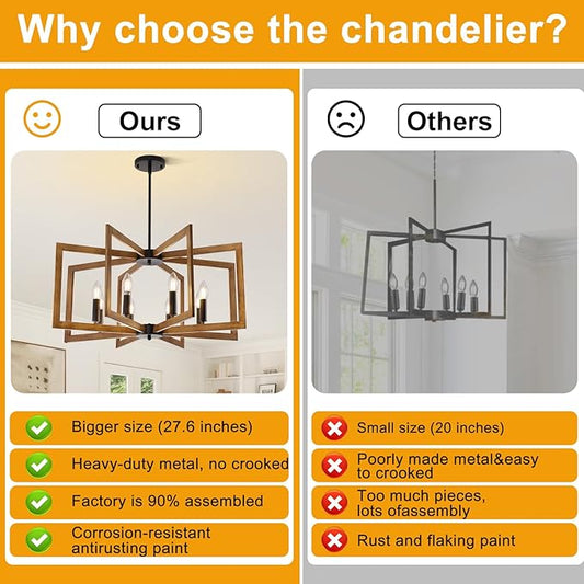 27.6" Chandelier for Dining Room, 8-Light Wood Grain Farmhouse Dining Room Light Fixture Over Table, Industrial Hanging Pendant Lights Fixture for Kitchen Island, Living Room, Foyer, Entryway