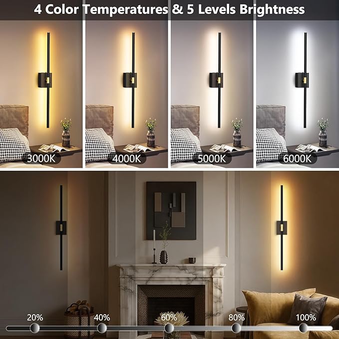 1 Pack Battery Operated Wall Sconce - 10000mAh Wireless Sconce Rechargeable Wall Light with Remote and Touch, 360° Rotate 4CCT Cordless Wall Lamp for Bedroom Living Room Hallway, 31.5 Inch, Black
