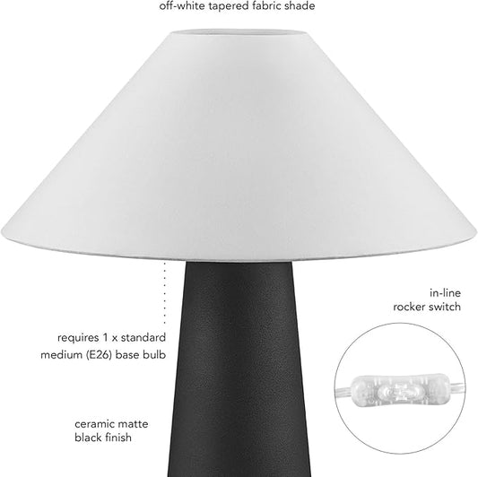 Globe Electric Novogratz x 18" Ceramic Table Lamp, Matte Black, Off-White Tapered Fabric Shade, in-Line Rocker Switch, 5 Ft. Clear Cord, Home Office, Desk, Living Room