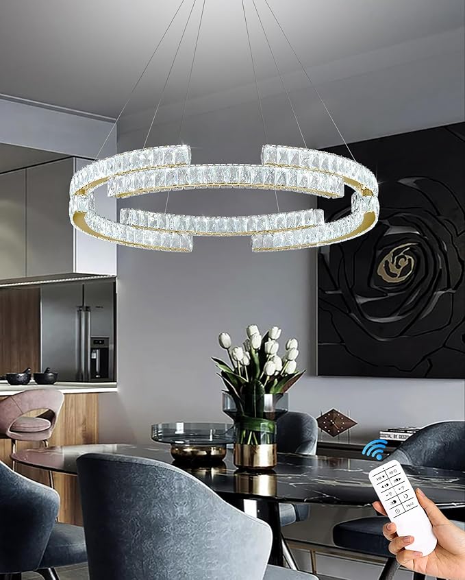 Modern LED Gold Ring Chandelier for Living Room Dinning Room 32in Crystal Ring Pendant Light Dimmable 3000k-6000k