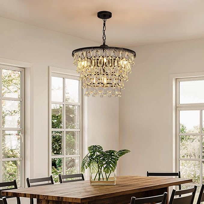 7PM Vintage Crystal Chandelier for Dining Room,20-inch Antique Crystal Ceiling Light Fixture, 5-Tier Bronze Chandelier for Living Room, Kitchen Island,Bedroom, Entryway