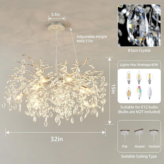 EGM 32-Inch Silver Tree Branch Chandelier for Living Room, Modern Crystal Chandelier for Bedroom, 10-Light Silver Crystal Chandeliers for Dining Room, Raindrop Leaf Chandeliers for Home Décor, E12
