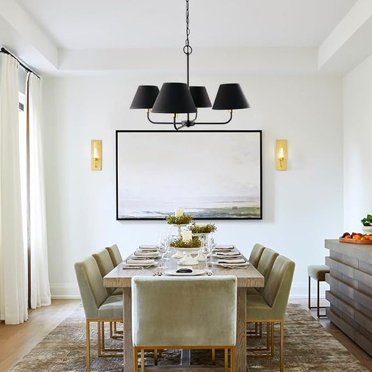 Kalium 4-Light Mid-Century Modern Chandelier, Black and Gold Farmhouse Chandeliers Hanging Dining Room Light Fixture with Fabric Shades for Kitchen Island, Living Room, Bedroom, Foyer