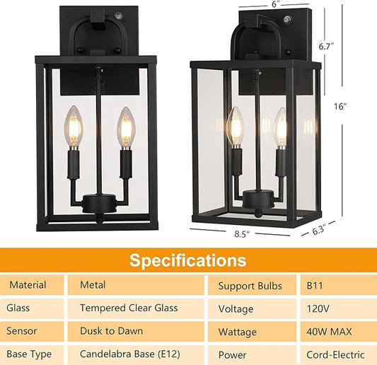 PARTPHONER Large Outdoor Light Fixutre 2-Light, Dusk to Dawn Outdoor Lighting Farmhouse Front Porch Light Exterior Wall Lantern Sconce with Clear Glass for Entryway Doorway House Garage