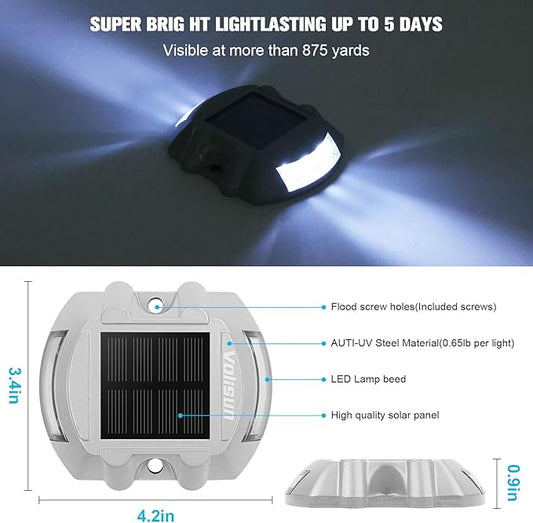 VOLISUN Solar Deck Lights Driveway Dock Lights, 4-Pack Led IP68 Waterproof Outdoor Warning Step Light for Driveway Sidewalk Garden Pathway Yard(White)