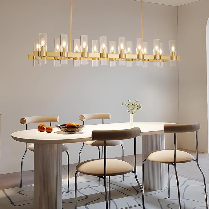 Gold Linear Chandeliers for Dining Room, 54" Rectangle Chandelier with Glass, 16-Light Modern Chandeliers Over Table, Farmhouse Chandelier for Kitchen Island, Industrial Pendant Light Fixtures