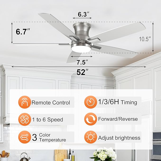 52 Inch Flush Mount Brushed Nickel Ceiling Fan with Light and Remote Control.Noiseless,Dimmable,3CCT,6 Speeds Reversible, Low Profile DC Ceiling Fans for Indoor or Covered Outdoor Use,ETL Listed