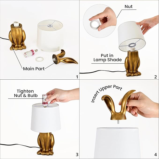 YHT Bunny Table Lamp, Cute Animal Rabbit Lamp,15.7" Vintage LED Desk Light with Linen Lampshade,Gold Main Part Beside Lamp for Bedroom, Study Room, Office, Nursery, Home Decor (Linen)