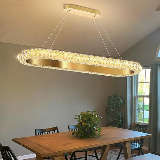 40'' Oval Ring Crystal Chandelier Modern LED Dimmable Ring Pendant Light Chandelier for Dining Room Living Room Gold