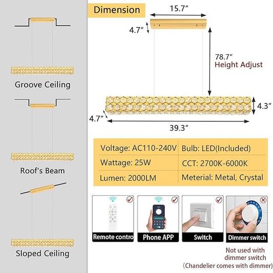 40'' Modern Crystal Chandelier for Dining Room Ceiling Light Fixture for Living Room Hallway Lighting LED Dimmable with Remote Gold