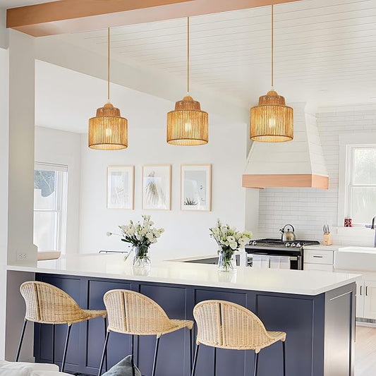 2 Pack Boho Rattan Pendant Light Kitchen Island,Farmhouse Chandeliers Adjustable Height Hanging lamp for Dining Room,Kitchen Ceiling Lights Fixtures with Round Woven Wicker Lampshade Lighting