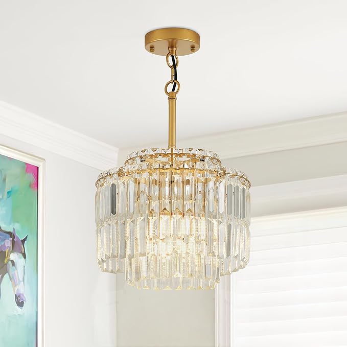Modern 12.8“ Gold Crystal Chandelier Ceiling Light Fixtures for Dining Room Luxury Glam 4-Light Crystal Chandeliers Lighting for Bedroom Entryway Hallway Living Room Kitchen Island Foyer