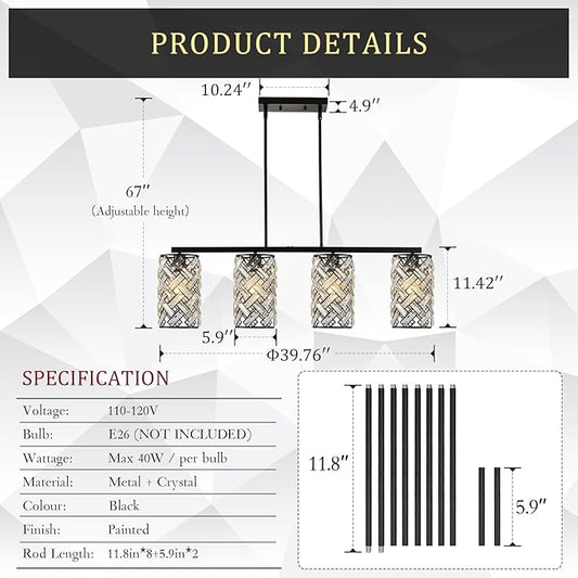 CATINER 40" Crystal Kitchen Island Lighting 4 Lights Modern Black Linear Chandelier Dining Room Light Fixture Over Table Luxury Ceiling Pendant Light Fixture