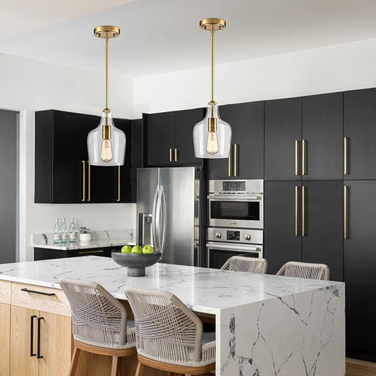 Modern Seeded Glass Kitchen Pendant Lighting Rod-Hung Brass Glod Pendant Lighting for Kitchen Island with Teardrop Shape Hand-Blown Glass