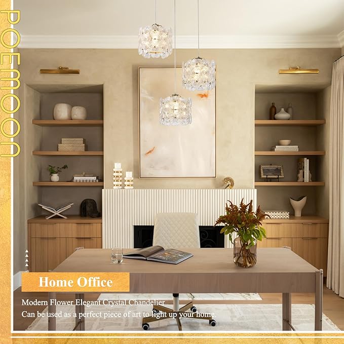 Gold Flower Glass Chandelier 3-Lights Cluster Pendant Lighting Modern Ceiling Pendant Light Fixture for Dinning Room Bedroom Kitchen Island Hallway Entryway