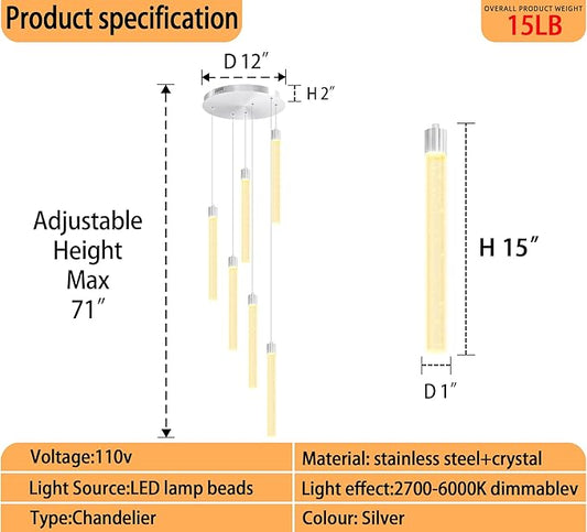 Silver 6-Light Modern Crystal Spiral Chandelier for Staircase High Ceiling Chandeliers Bubble Crystal Chandelier Lighting Cluster Hanging Light Fixture for Living Room Foyer
