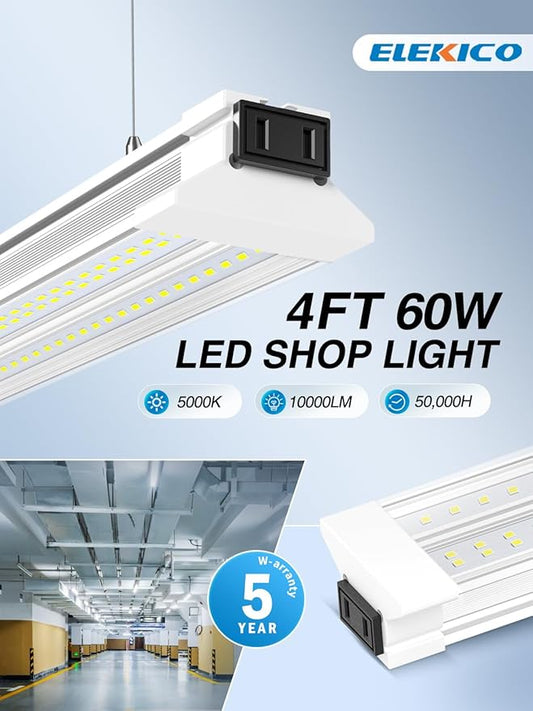 ELEKICO Super Bright 60W Led Shop Lights 4FT 2-Pack| Ceiling Or Hanging Mount| 5000K 9000lm Linkable 4' Led Ceiling Garage Lighting Light Fixtures for Garage Shop Workshop Barn Lighting