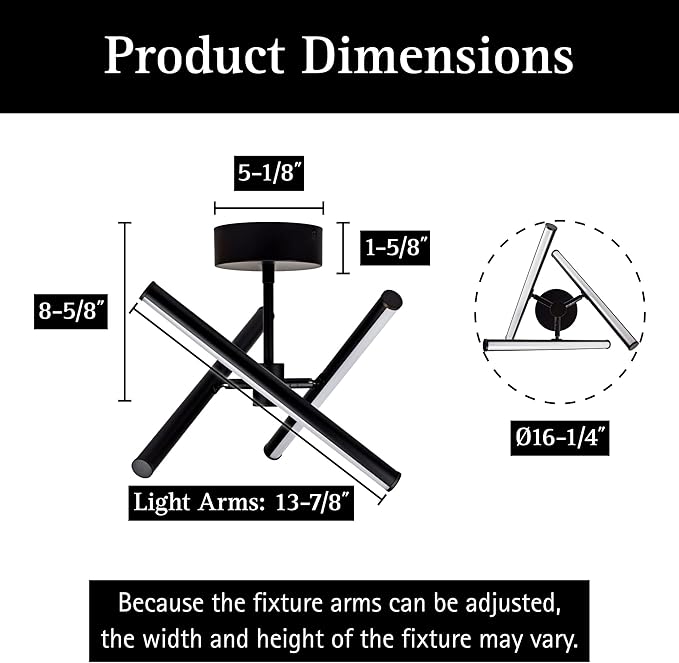 Ultralux Free Form LED Ceiling Light Fixture - Dimmable & Customizable, Semi-Flush Mount with Adjustable Light Bars - Easy-Install, Energy Efficient LED - 16" Matte Black