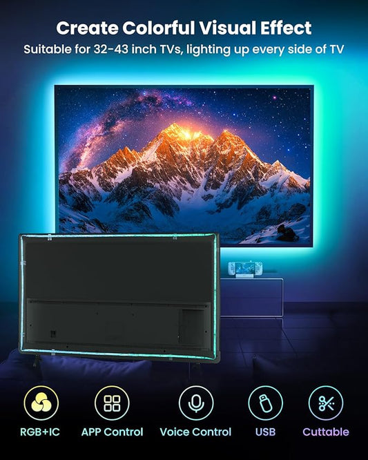 9.84ft LED Lights for 32-43 Inch TV, RGB+IC TV Lights Backlight Strip Behind, with 44 Scene Modes, Bluetooth APP and Voice Control, Music Sync Smart Ambient Lighting for Gaming, Bedroom, Living Room
