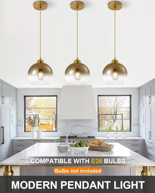 Modern Gradient Gold Glass Pendant Light,7.8-Inch Globe Adjustable Hanging Pendant Light for Bedroom Kitchen Island Dining Room Stairwell