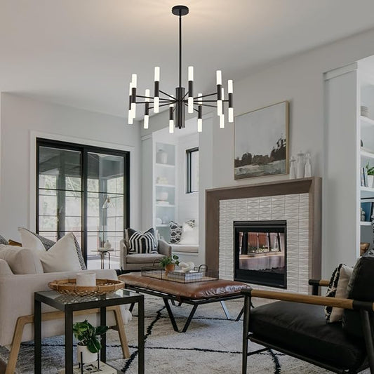 Modern Matte Black Chandelier 20-Light, Mid Century Sputnik Chandeliers with Acrylic Shades, 26.7" Candle Chandeliers for Dinging Room, High Ceilings, Living Room, Foyer, Entryway, G9 Base
