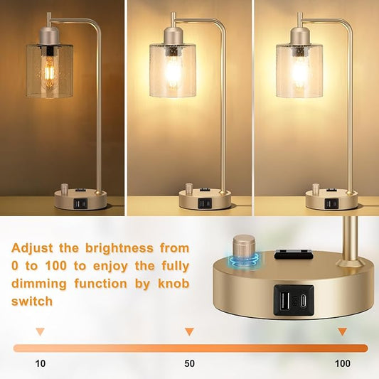 Innqoo Champagne Gold Industrial Bedside Table Lamp for Bedroom - Nightstand Lamps with USB C Charging Port, Fully Dimmable Black Ports and Outlets, Small Desk Glass Shade Office Living Room