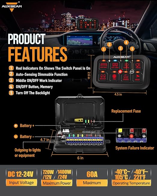 Auxbeam 8 Gang Switch Panel RA80 Toggle Momentary Pulsed RGB Dimmable Multifunction Switch Panel Easy Installation Marine Switch Pod IP65 Waterproof for Car Boat RV, 3 Years Warranty