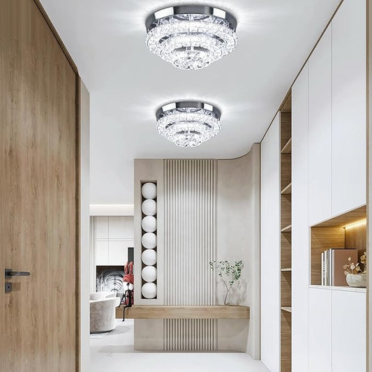 11.8" Modern Crystal Chandeliers LED Crystal Ceiling Light Fixture Flush Mount Ceiling Chandelier Light Chandelier for Dining Room Hallway Three-Tier Dimmable with Remote Control