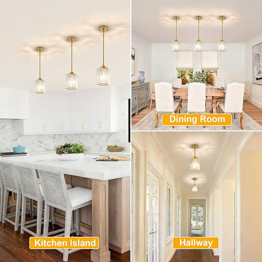 Gold Pendant Light Kitchen Island, Modern Crystal Kitchen Island Lighting, 1-Light Hexagonal Kitchen Hanging Lights for Island, Dining Room, Hallway, Foyer, Entryways
