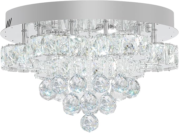 Flashing God Dia 16in Modern LED Crystal Chandelier,Flush Mount Ceiling Light Fixture with K9 Crystals,Small Chandelier for Bedroom Dining Hallway Lighting