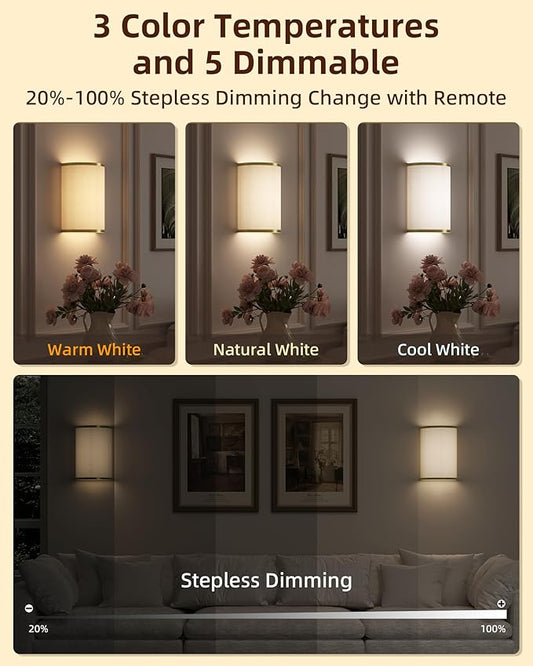 EZVALO Battery Operated Wall Sconce, Wireless Wall Sconces Set of Two with Remote, 3 Color & 80 RGB Rechargeable Wall Lights, Dimmable, Timer, Fabric Linen Shade Wall Decor for Bedroom (White)