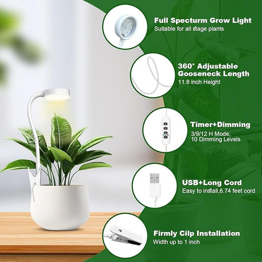 IMVSINCERE Small Grow Lights for Indoor Plants, Pot Clip On LED Plant Lights for Indoor Growing,Full Spectrum,360° Gooseneck Plant Lights for Succulents, 3/9/12H Timer, 10 Brightness, Includes 5V UL