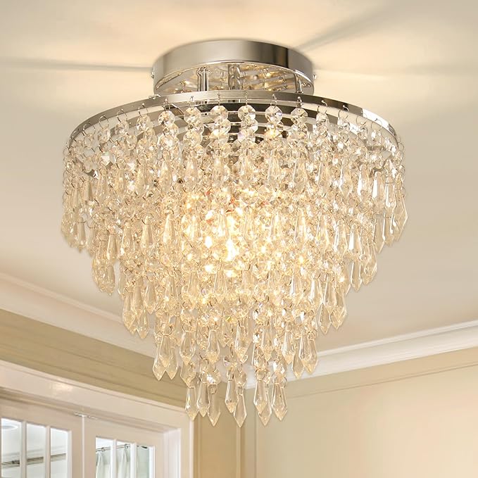 FRIXCHUR 11.8" Crystal Chandelier Chrome Flush Mount Ceiling Light 5 Tiers Raindrops Silver Chandeliers for Bedroom Hallway Living Room, E26 Base