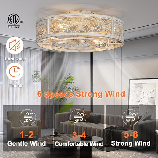 SHLUCE 20" Low Profile Caged Ceiling Fan with Light, Small Fandelier Ceiling Fans with Lights and Remote, Rustic Flush Mount Bladeless Ceiling Fan with Light for Bedroom, Living Room, White