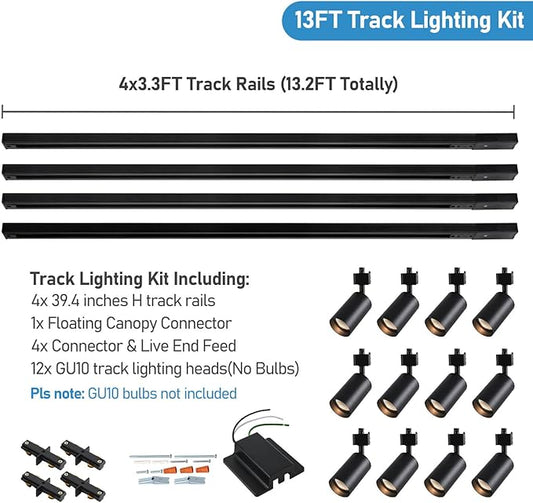 12-Light LED Track Lighting Kit with 13FT H Track Lighting Rails & Floating Canopy Connector, GU10 Track Light Kit, Modern Kitchen Track Lighting Fixtures Ceiling Spot Light, Black(No Bulbs)