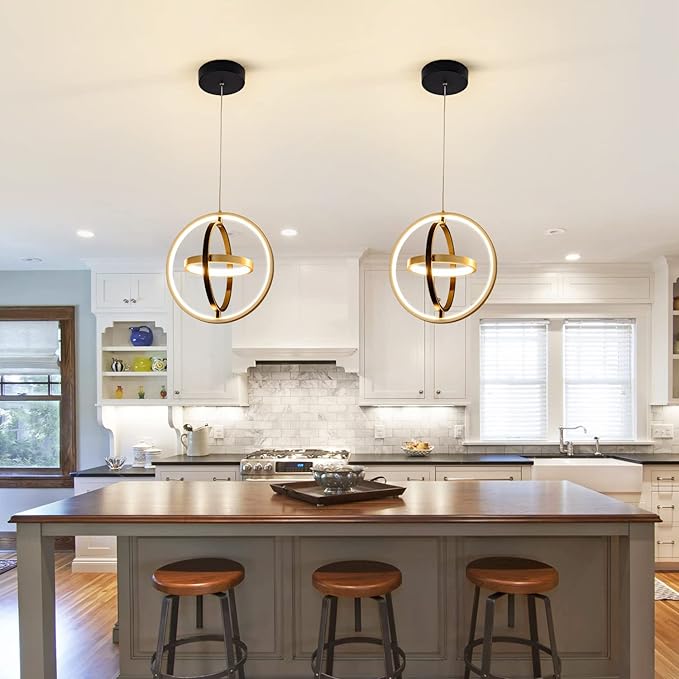 Modern LED Chandelier DIY Creative Chandelier Adjustable Hanging Round Ring 3 Ring 4000K Warm White Light Fixture for Dining Room Bedroom Kitchen Island Hall Black Gold (D = 11.8")