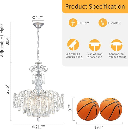 WUZUPS 6-Light Crystal Chandelier Pendant Ceiling Light Modern Lighting Fixture for Bedroom Hallway Bar Kitchen Bathroom, H 25.6" W21.7, E12 Base, Silver