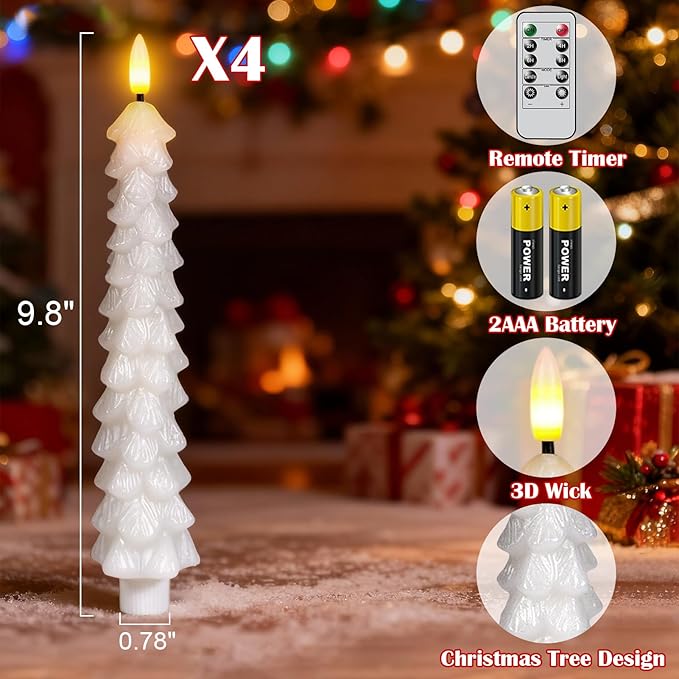 GenSwin Christmas Tree Flameless Candles with Remote Timer, White Christmas Tree LED Taper Candles with 3D Flickering Flame, 4 Pcs LED Candlesticks for Christmas Winter Home Decoration(0.78” x 9.8”)
