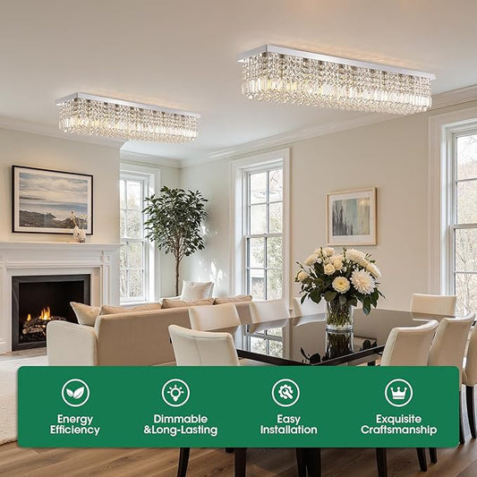 Modern Crystal Chandeliers for Dining Room Light Fixture, 10-Light Rectangle Chandelier Ceiling Light for Kitchen Island Living Room, L47.2 Inch, Chrome Finish