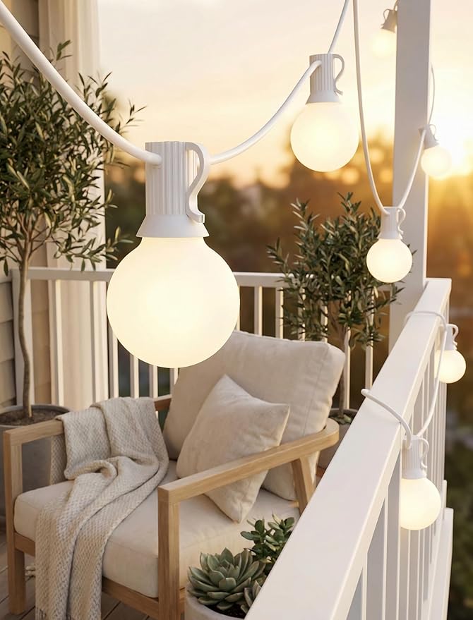 25Ft Outdoor White Frosted String Lights with 27 G40 Frosted Bulbs,E12 Socket base,Waterproof Connectable Hanging Lights for Backyard Wedding Porch Bistro Party Valentine's Day Decor,White Wire