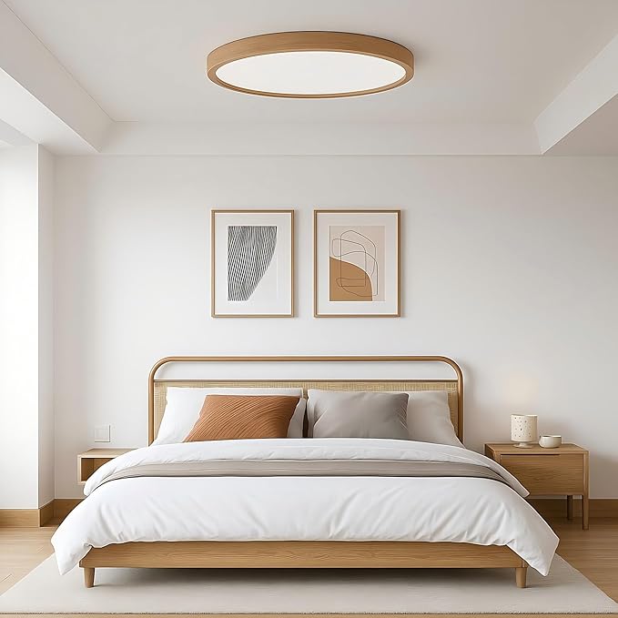 Ultra-Thin LED Ceiling Light Fixture 20.47", Handcrafted Walnut Wood Modern Wabi-Sabi Style, Slim 2.5cm Profile, 37W LED 3000K-4000K-6000K, Round Minimalist Lamp for Bedroom Kitchen Hallway