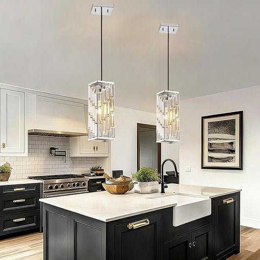 Chrome Pendant Lights Kitchen Island 2 Pack, Adjustable Modern Pendant Light Fixtures, Mini Crystal Chandeliers for Dining Room Bedroom Foyer Hallway