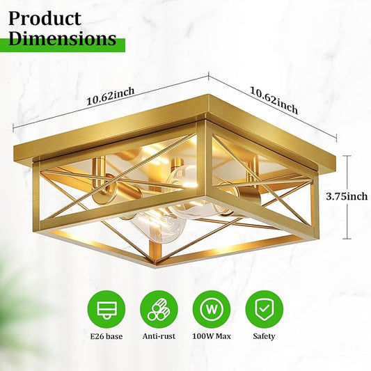 Kondras Gold Hallway Light Fixtures Ceiling, 2-Light Farmhouse Vintage Flush Mount Ceiling Lights, 2-Pack Brass Metal Kitchen Light Fixtures, Close to Ceiling Lights for Bedroom Living Room Entryway