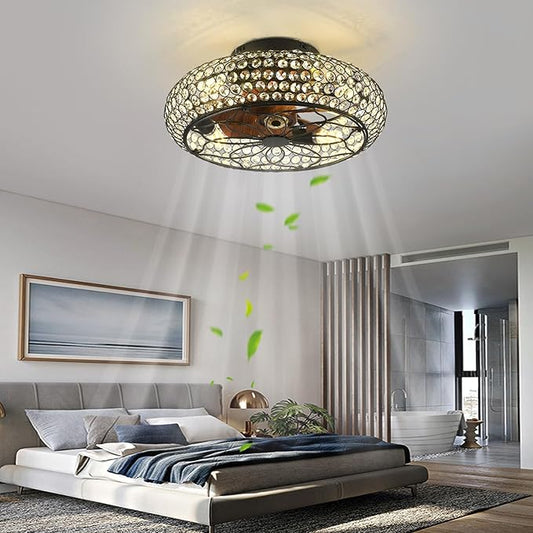 Caged Crystal Ceiling Fans with Lights and Remote,18.8" Flush Mount Low Profile Ceiling Fan with Light,6 Speed Enclosed Ceiling Fan with Reversible Motor for Bedroom Kitchen Living Room